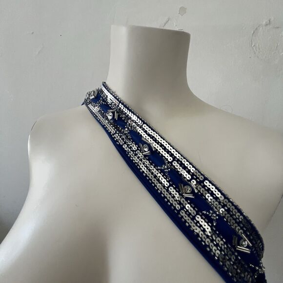 Betsy And Adam Beaded One Shoulder Floor Length Dress Gown 4 Blue Winter Holiday - Picture 11 of 13